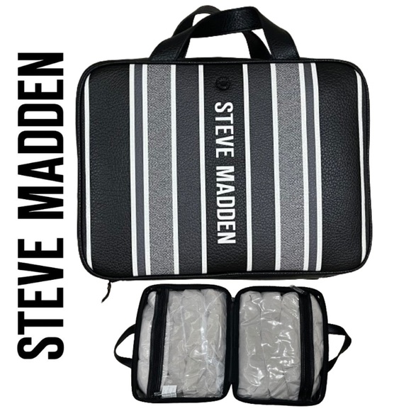 NEW Steve Madden Large Black And White Striped Weekender Cosmetic Case - Picture 1 of 15